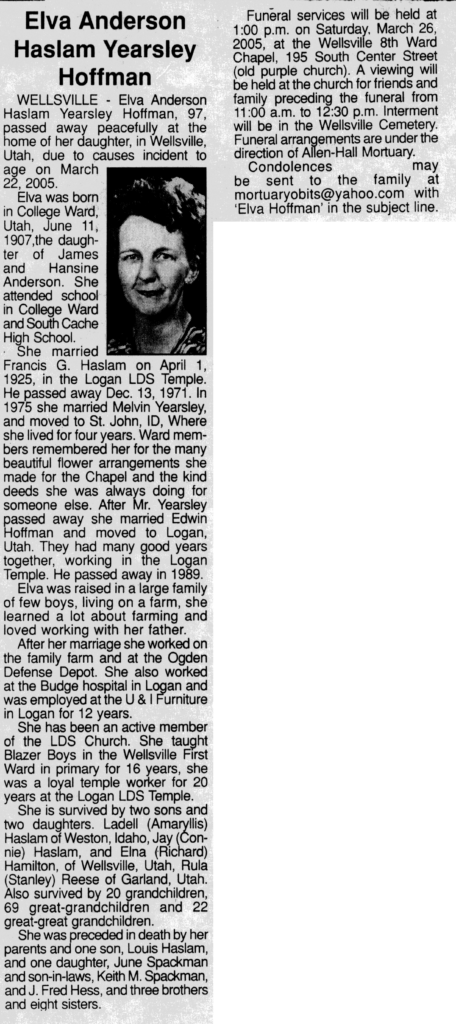 Elva Anderson Haslam Yearsley Hoffman obit
