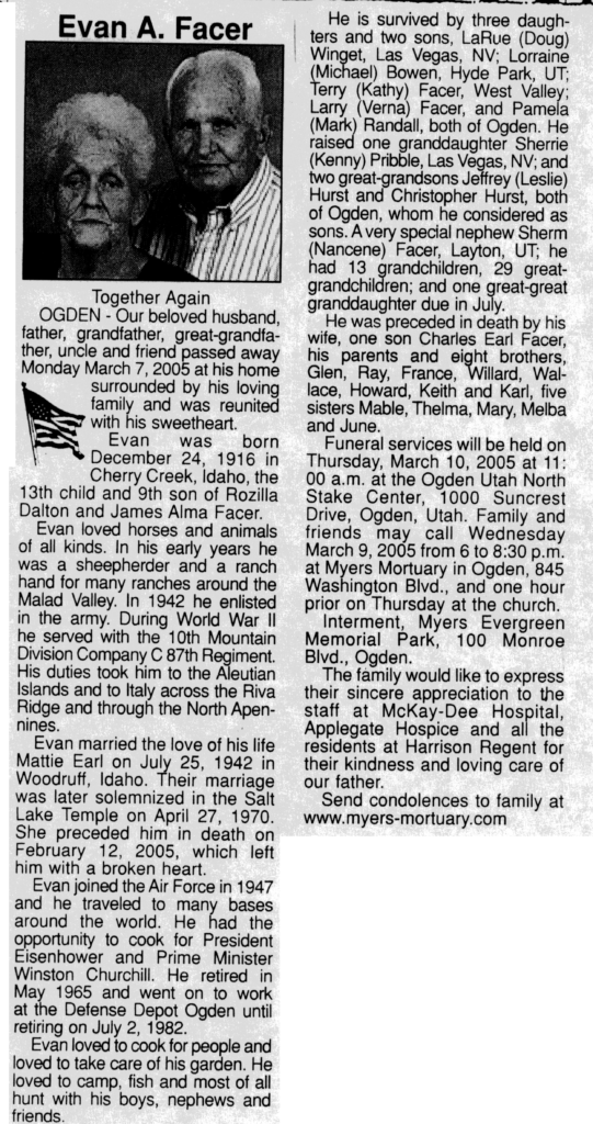 Evan A Facer obit
