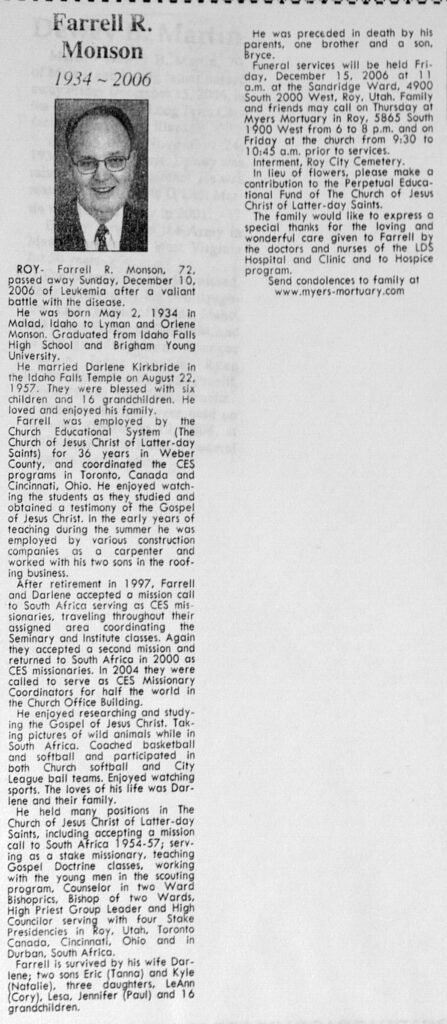 Farrell R Monson obit