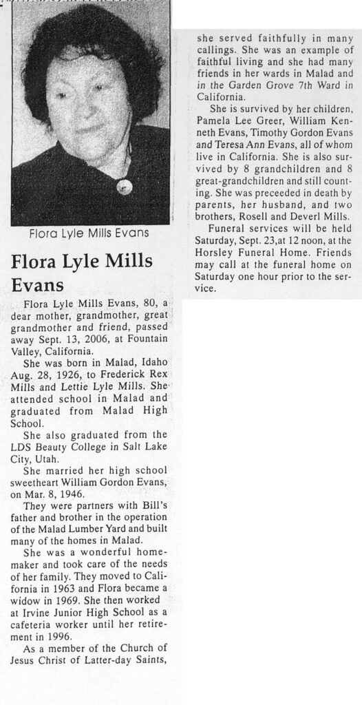 Flora Lyle Mills Evans obit