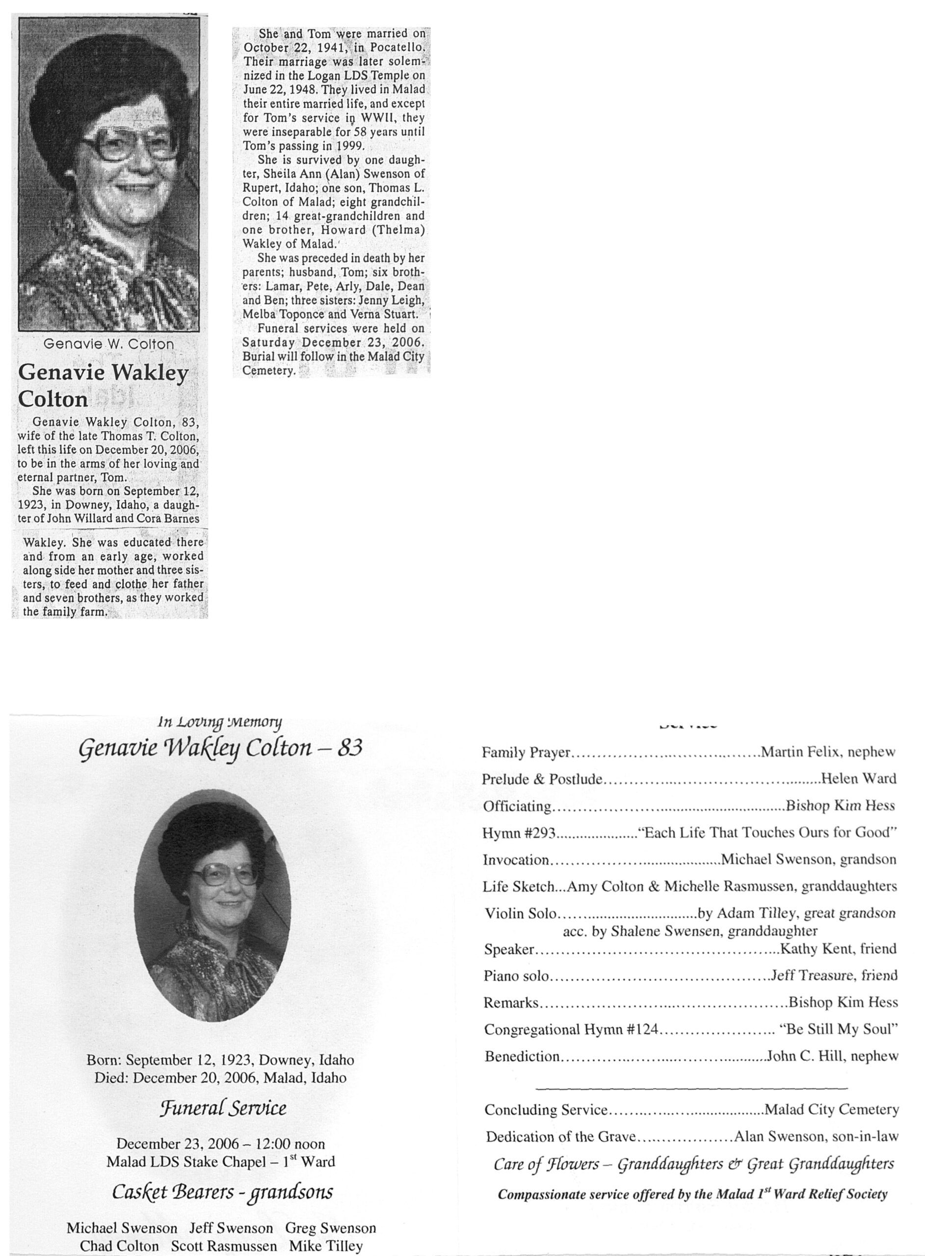 Genavie Wakley Colton obit and program