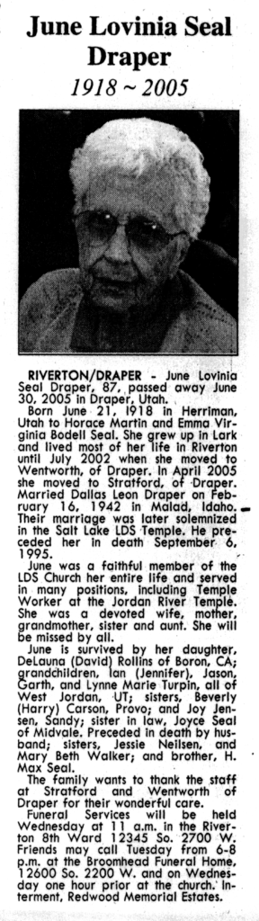 June Lovinia Seal Draper obit