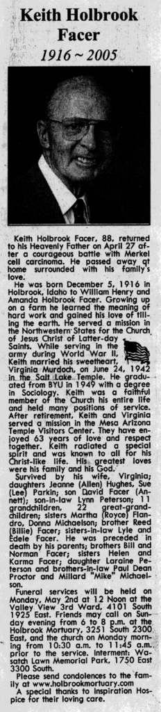 Keith Holbrook Facer obit