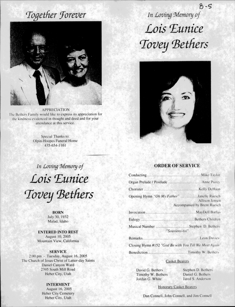 Lois Eunice Tovey Bethers program