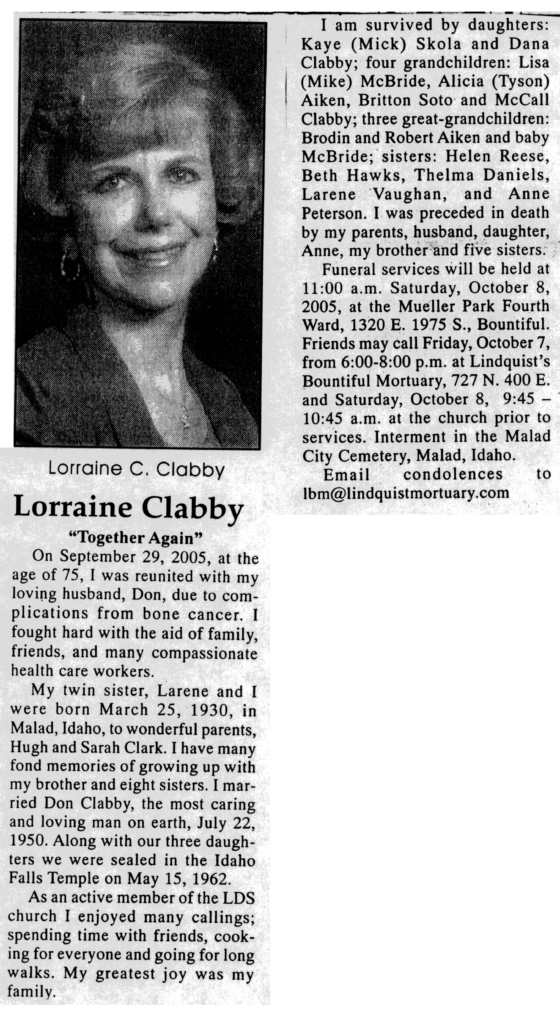 Lorraine C Clabby obit