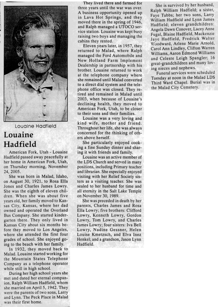Louaine Hadfield obit