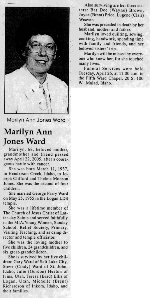 Marilyn Ann Jones Ward obit