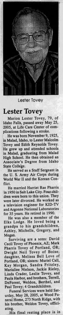 Marion Lester Tovey obit