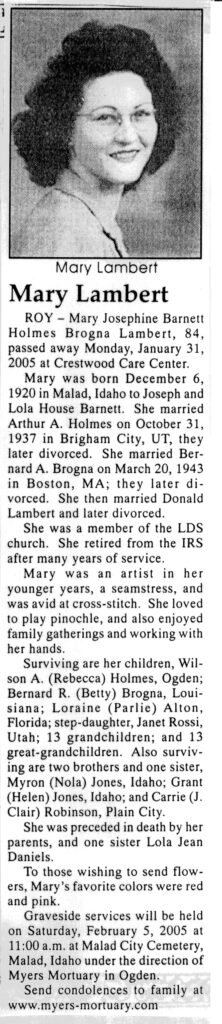 Mary Josephine Barnett Holmes Brogna Lambert obit