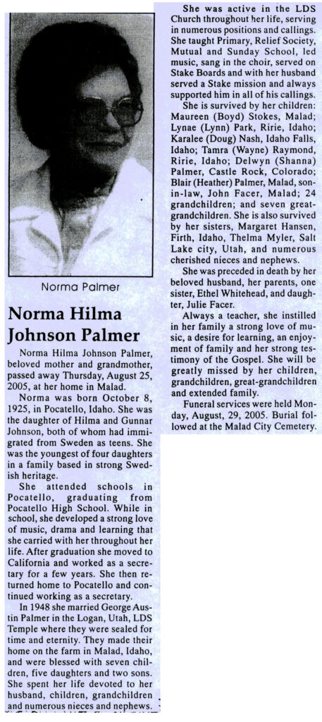 Norma Hilma Johnson Palmer obit