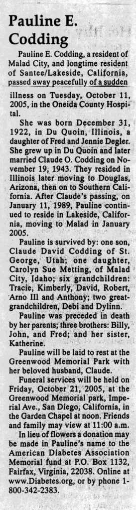 Pauline E Codding obit