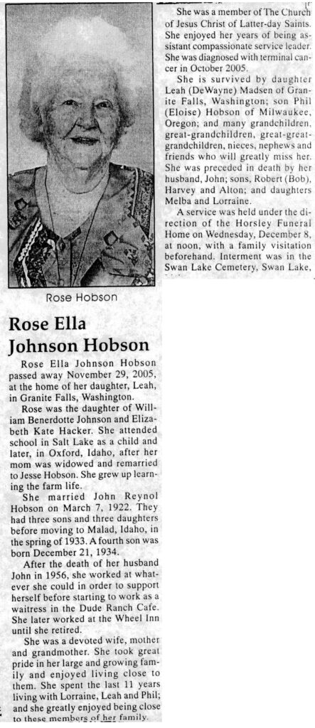 Rose Ella Johnson Hobson obit