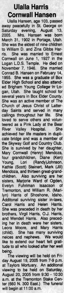 Ulalla Harris Cornwall Hansen obit