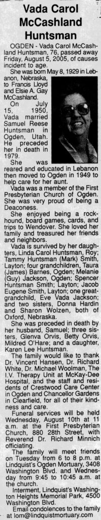 Vada Carol McCashland Huntsman obit