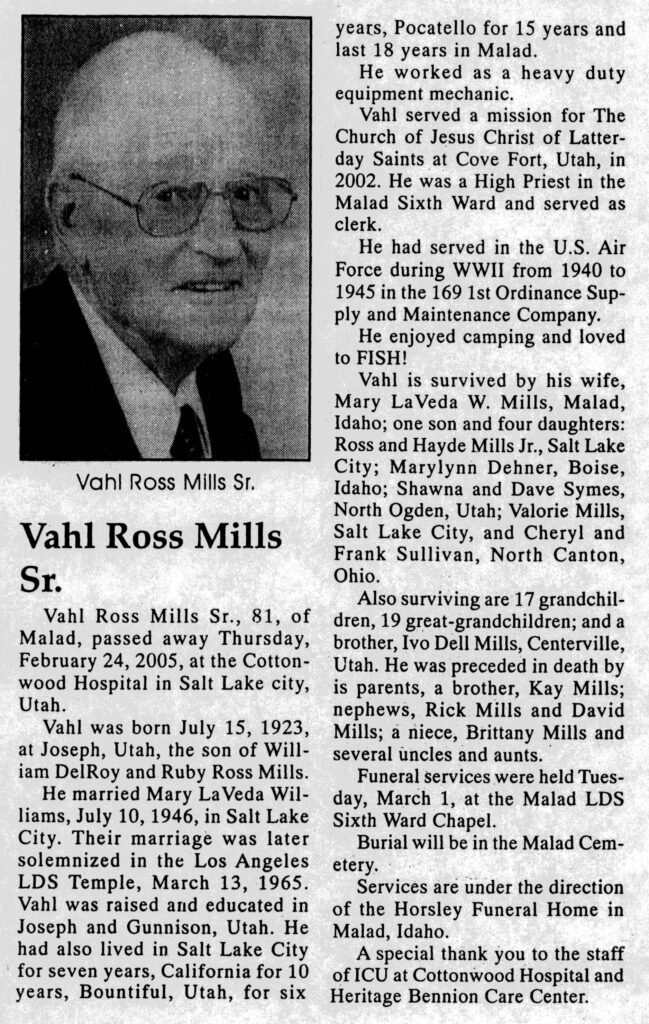 Vahl Ross Mills Sr obit