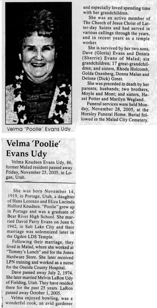 Velma (Poolie) Evans Udy obit