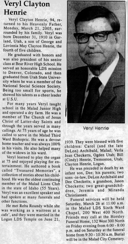 Veryl Clayton Henrie obit