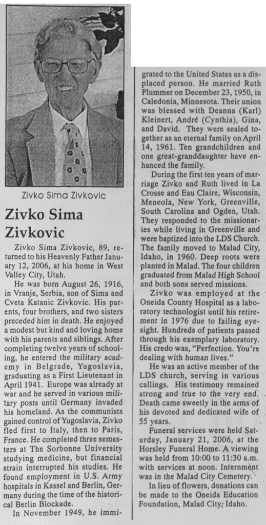 Zivko Sima Zivkovic obit