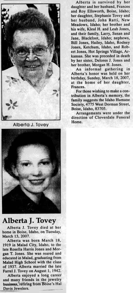Alberta J Tovey obit