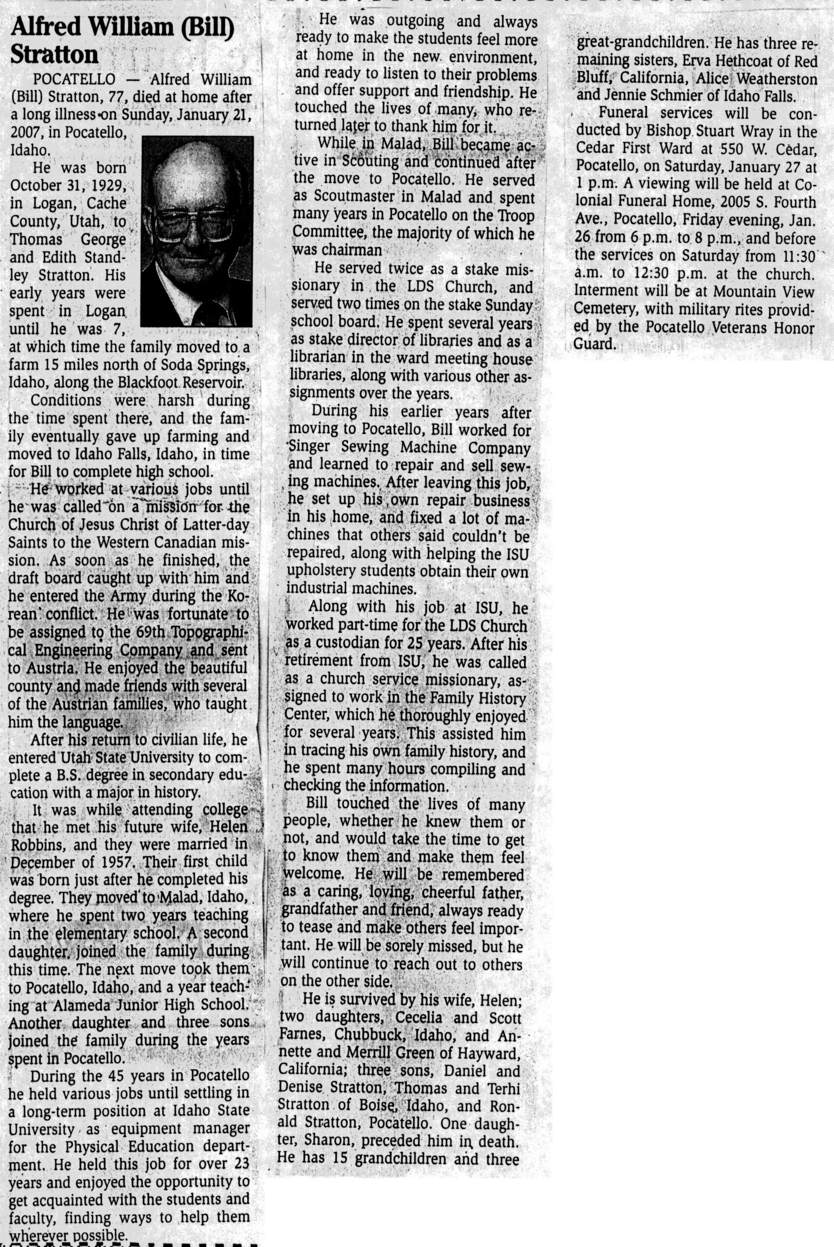 Alfred William (Bill) Stratton obit