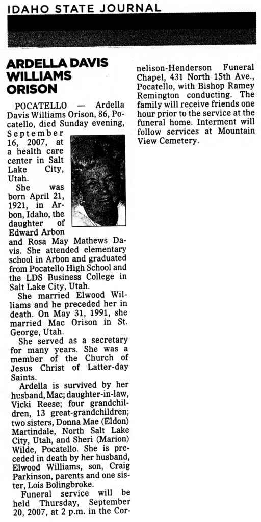 Ardella Davis Williams Orison obit