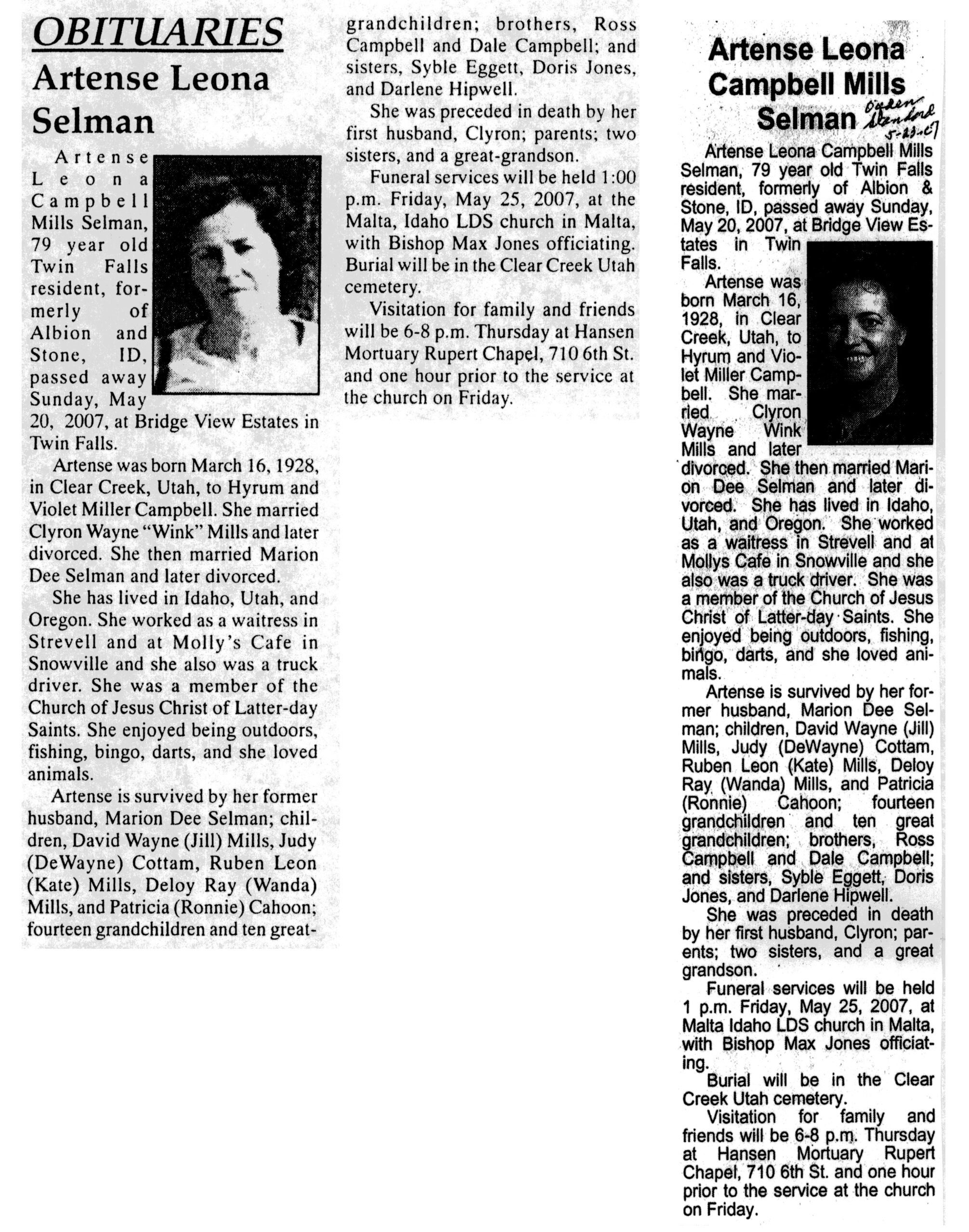 Artense Leona Campbell Mills Selman obit