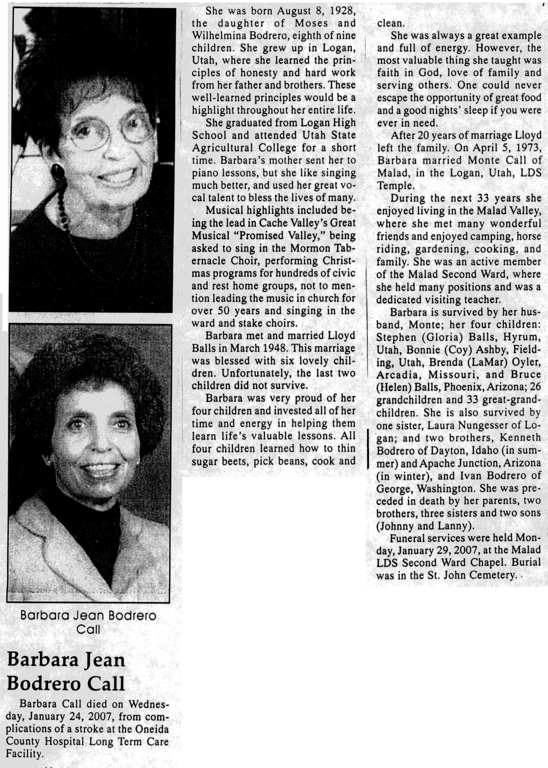 Barbara Jean Bodrero Call obit