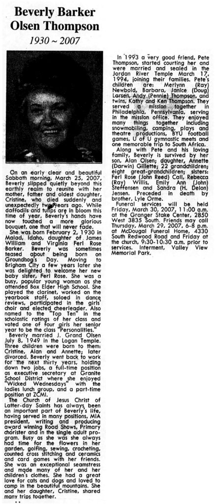 Beverly Barker Olsen Thompson obit