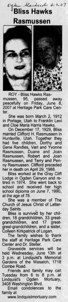 Bliss Hawks Rasmussen obit