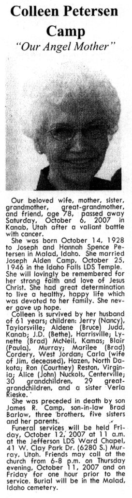 Colleen Petersen Camp obit
