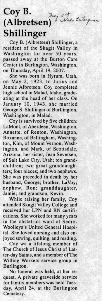 Coy B Albretsen Shillinger obit