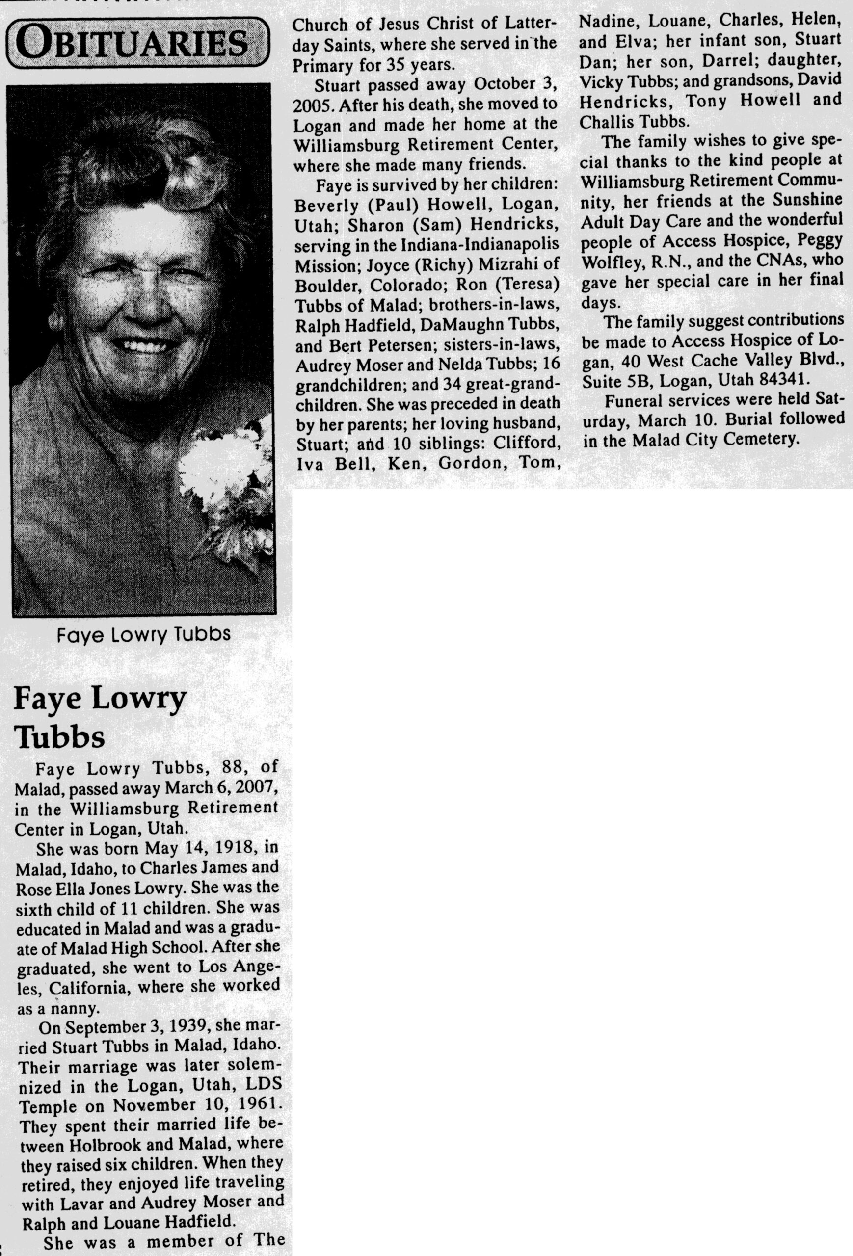 Faye Lowry Tubbs obit
