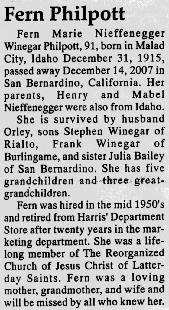 Fern Marie Nieffenegger Winegar Philpott obit
