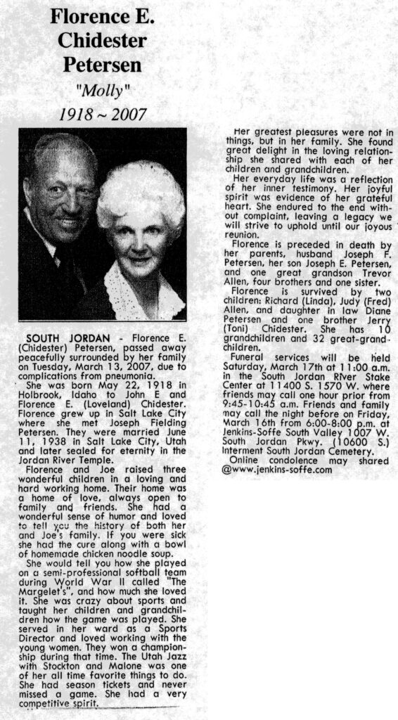 Florence (Molly) E Chidester Petersen obit