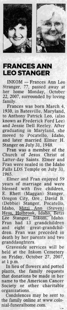 Frances Ann Leo Stanger obit