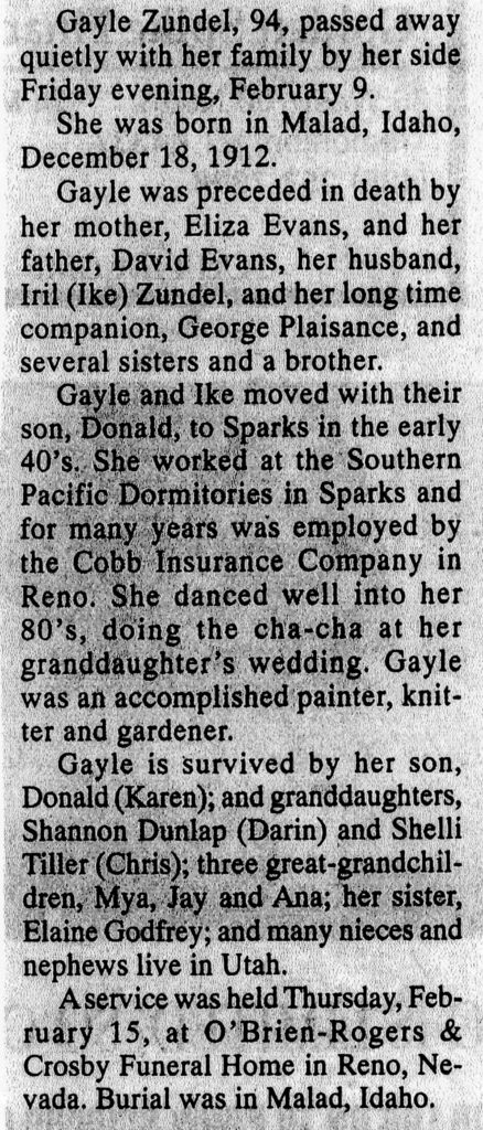 Gayle Zundel obit