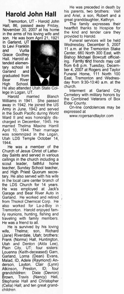 Harold John Hall obit