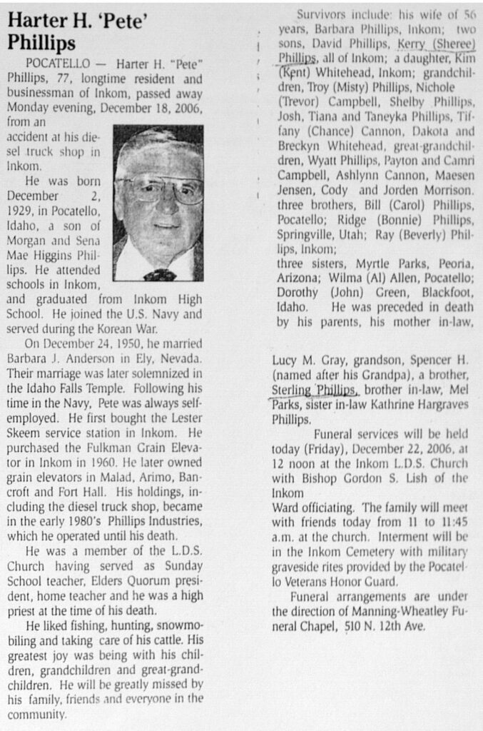Harter H (Pete) Phillips obit