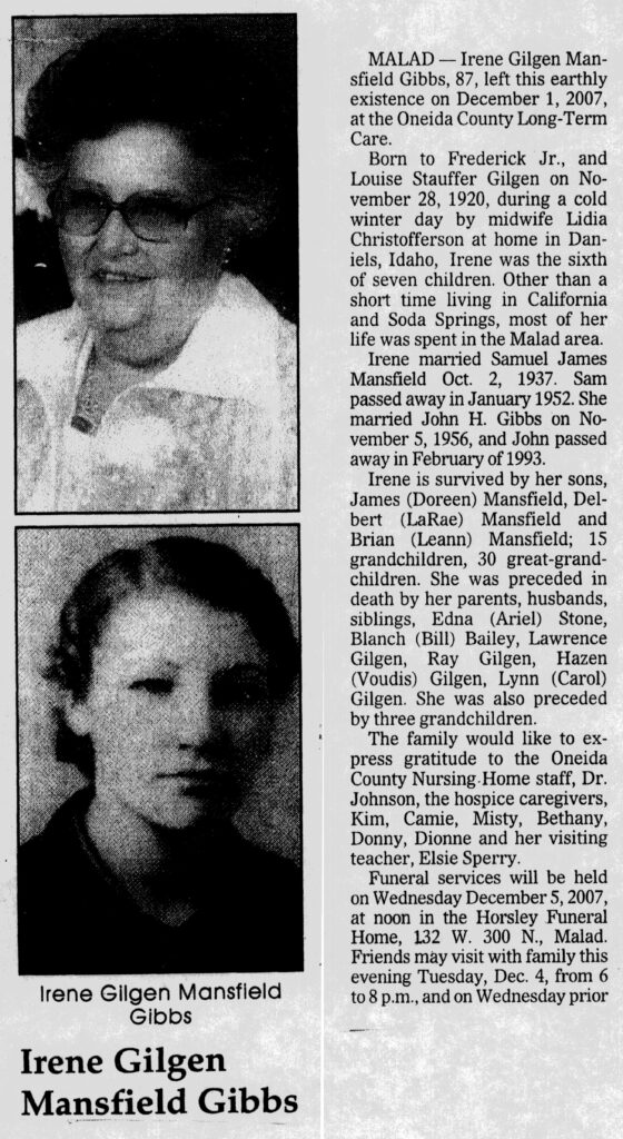 Irene Gilgen Mansfield Gibbs obit