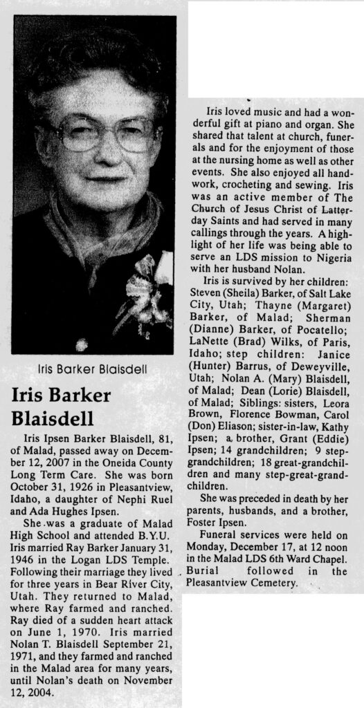 Iris Ipsen Barker Blaisdell obit