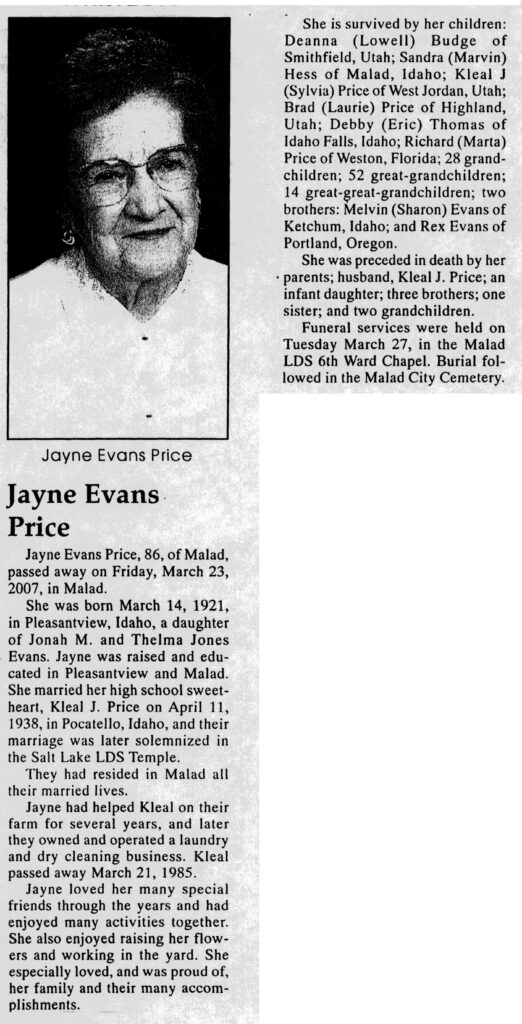 Jayne Evans Price obit
