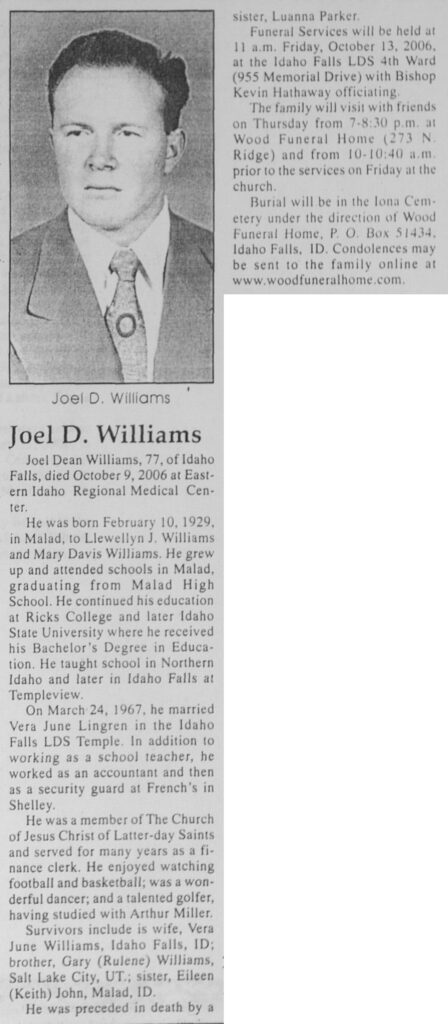 Joel Dean Williams obit