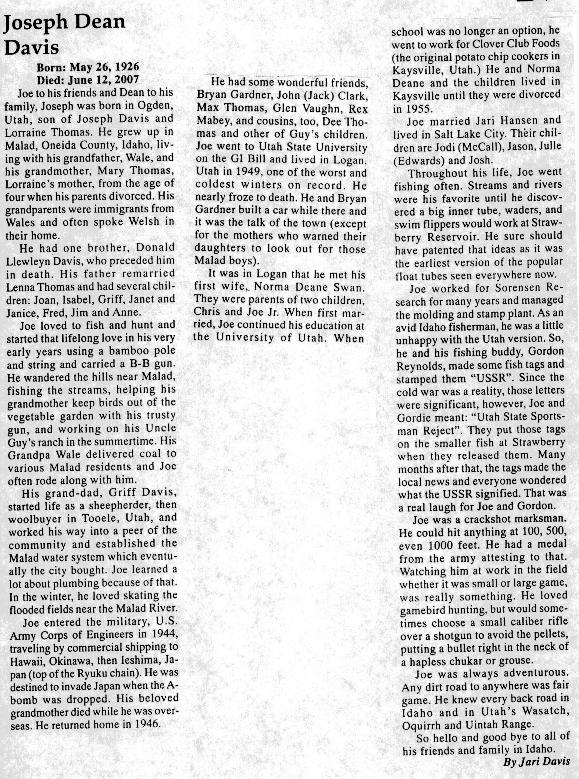 Joseph Dean Davis obit