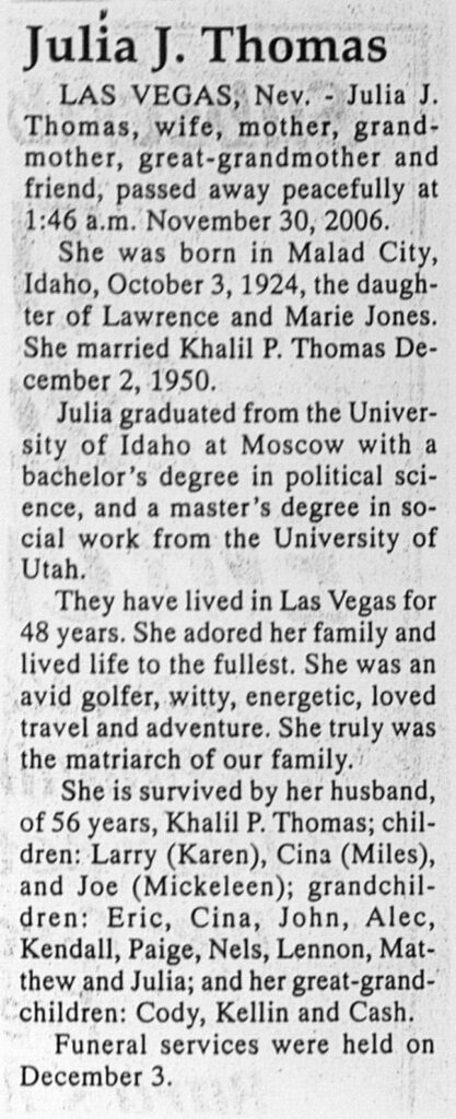 Julia J Thomas obit