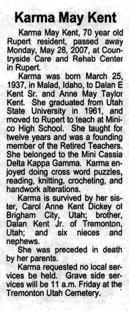 Karma May Kent obit