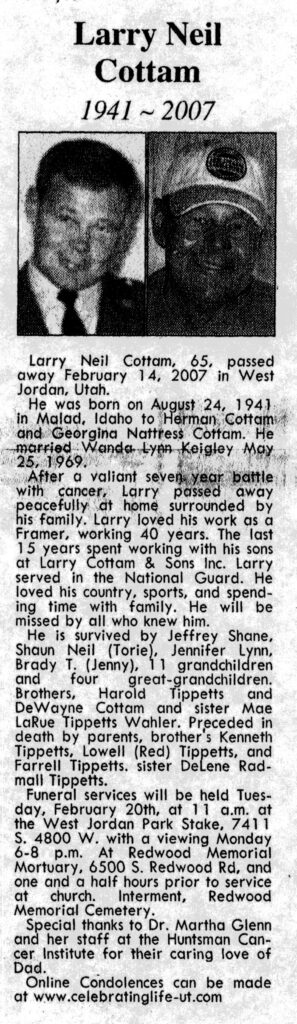 Larry Neil Cottam obit