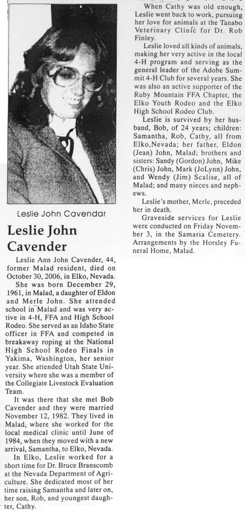 Leslie Ann John Cavender obit