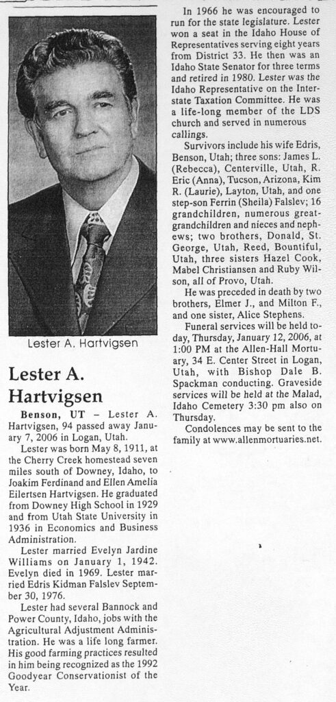 Lester A Hartvigsen obit