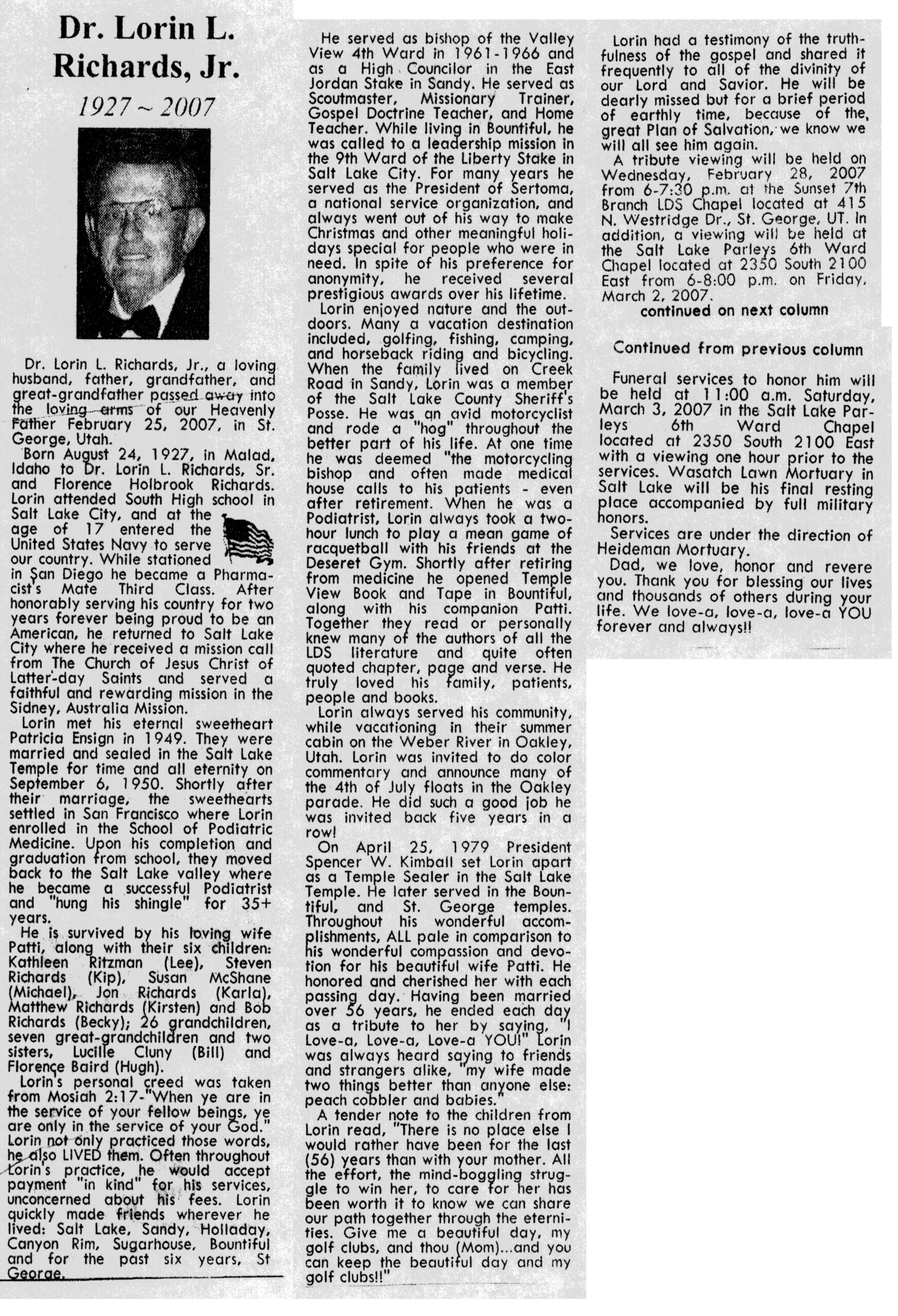 Lorin L Richards Jr Dr obit