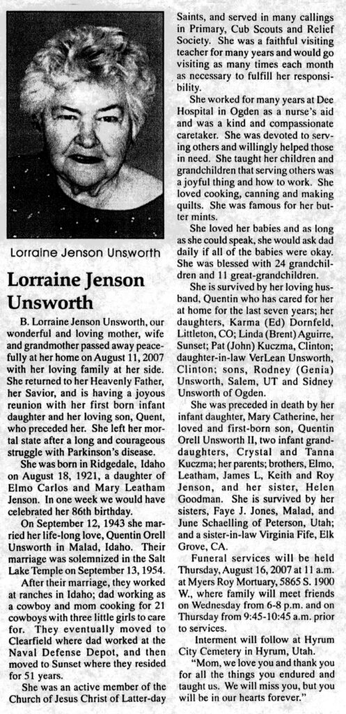 Lorraine Jenson Unsworth obit